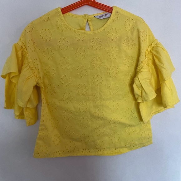 Girls Yellow Cotton Shirt with Ruffled Sleeves - Picture 1 of 4